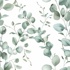 Wall Mural - Seamless pattern with watercolor eucalyptus leaves on a white background. green leaves of a tropical plant. Vintage background for wallpaper, textile, wrapping paper, scrapbooking.