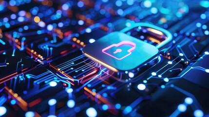 Poster - depiction of a padlock on a digital circuit board, symbolizing the safeguarding of data through encr
