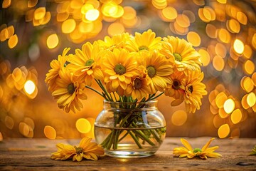 Wall Mural - Radiant yellow daisies in glass vase with warm bokeh background