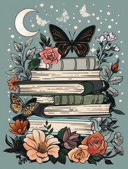 tarot card illustration tarot card flat black line illustration of a stack of books, flowers, botanical, magical, magic, pink, green, teal, orange, blue