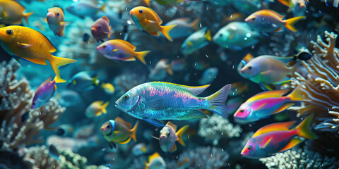 Wall Mural - Vibrant fish congregate amidst a colorful coral garden, gently gliding and shimmering with hues.