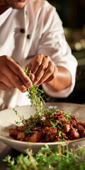 Chef Garnishing Dish With Fresh Herbs