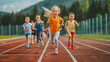 © mattegg - A group of happy and energetic children are running on a track, filled with joy and enthusiasm.