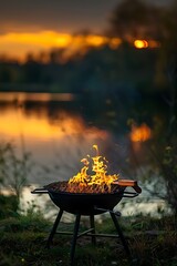 black grill with fire isolated on sunset lake background, camping weekends in nature, summer leisure time, relax and eat time