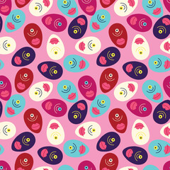 Wall Mural - A pink background with a pattern of faces and lips. The faces are all different colors and sizes, and the lips are pink. Scene is playful and whimsical