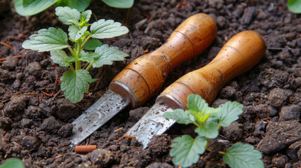 Wall Mural - Close-up of two gardening trowels in rich soil with young green plants, essential gardening tools.