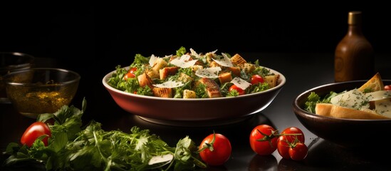 Wall Mural - Fresh salad with chicken, tomatoes, cheese and greens on wooden table