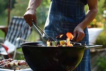 Wall Mural - close up person grilling meat and vegetables on backyard with family and friends, barbecue summer weekend time, outdoor party wallpaper, picnic banner