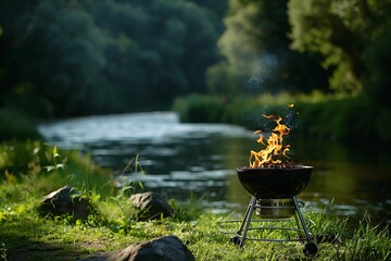 black grill with fire isolated on lake background, camping weekends in nature, summer leisure time, relax and eat