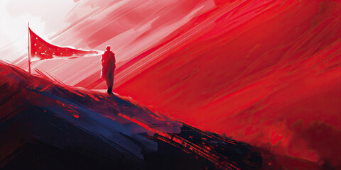 Wall Mural - Red Dawn of Change - Illuminated by crimson rays, a lone figure stands atop a hill, a banner of red, white, and blue fluttering in the wind.