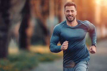 Fit muscular man running outside. Fitness and sport concept