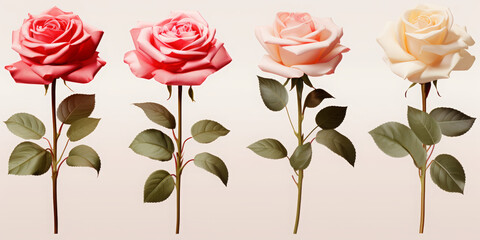 Wall Mural - Collection set of pink red cream stalk of rose roses flower floral with leaves on transparent background cutout, PNG file. Mockup template artwork graphic design