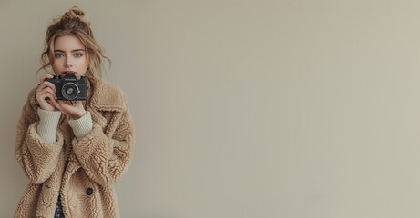 Wall Mural - woman with camera, Young woman with wavy blonde hair holding a camera and wearing a beige sweater. Close-up portrait. Photography and lifestyle concept for design and print.