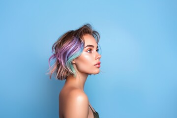 Sticker - Young woman with pastel rainbow-colored hair and makeup against a blue background. Profile close-up portrait. Fashion and beauty concept for design and print., portrait of a woman with hair