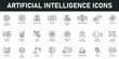 © Icon Zilla - Artificial Intelligence Icons vector illustration with thin line editable stroke containing data science, algorithm, chatbot, automation, machine learning, neural networks, face, image recognition