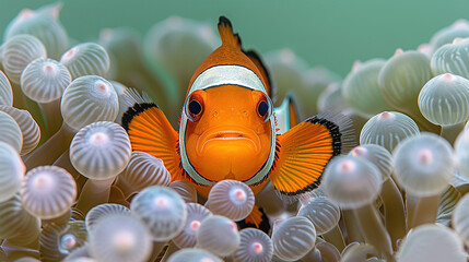   A close-up image of an orange and white fish inside a sea anemone surrounded by numerous white sea anemones
