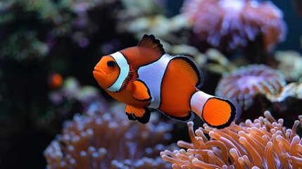 Wall Mural -  Clownfish with orange-white stripes swims near anemone