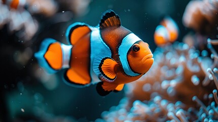   A close-up of a clownfish in an aquarium, with an orange and white clownfish in its mouth