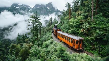 Sticker -   A train traversing a verdant forest, teeming with towering trees and majestic mountains shrouded in cloudy layers