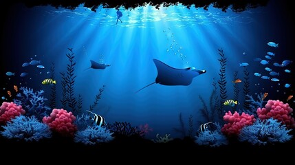 Wall Mural -   A Manta Ray in the Blue Ocean - A captivating image of a manta ray gracefully swimming amidst a vivid blue ocean, surrounded by vibrant coral reef