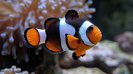 Wall Mural -   A close-up of a Clownfish in an Aquarium, with an Orange and White Clownfish in its mouth