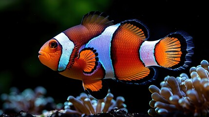 Wall Mural -   An orange and white clownfish in an aquarium with a clownfish in its mouth