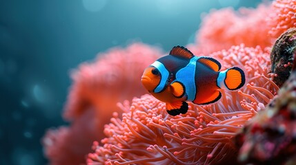   An orange and blue clownfish swimming near a coral sea anemone in a vibrant coral reef