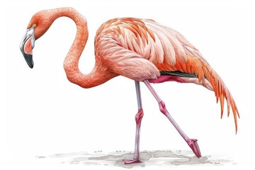 Wall Mural - Chilean flamingo,  Pastel-colored, in hand-drawn style, watercolor, isolated on white background