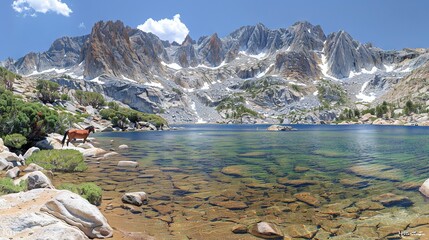 Poster -  A panorama of a mountain lake with a horse swimming in its center and boulders framing the scene