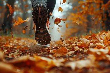 Wall Mural - Feet of a jogger run up in autumn weather with leaves on the ground