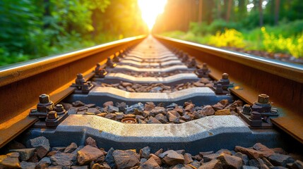 Wall Mural -   A high-resolution close-up photo of a train track with sunlight filtering through the surrounding foliage in the background