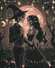 A minimalist black and orange red vector Halloween design of two dancing witch skeletons at night with stars and sparkles