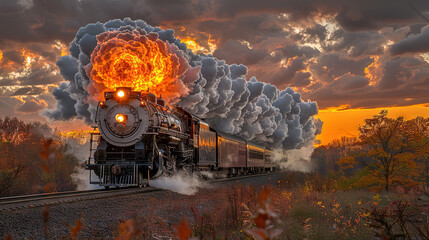 Leinwandbilder -   A train on a track emitting large amounts of smoke from its roof