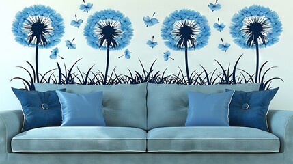   Blue couch with dandelions on sides & blue pillow on back, against wall