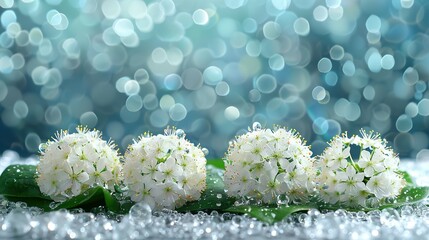 Wall Mural -   A field of snow with a lush green leaf cover features a group of white flowers, all bathed in the light of a blue and white boke