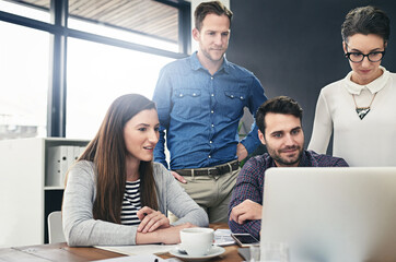 Poster - Laptop, meeting and small business with web designer people in office together for creative discussion. Computer, design and project management with employee group in startup workplace for teamwork
