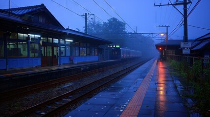 Wall Mural -   A rainy scene featuring a train station, a train on the tracks, and a red signal at the platform's end