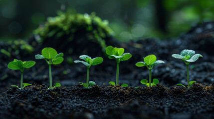 Wall Mural - Close-up of young seedlings growing uniformly in dark, fertile soil with a natural background.