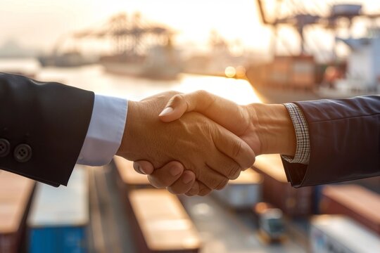 A closeup of two business people shaking hands with their thumbs up, against the backdrop of a modern cargo port and industrial area in bright daylight Generative AI