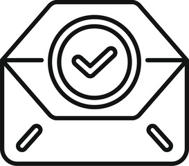 Poster - Minimalist approved envelope line icon with black and white linear art, check mark confirmation, and seal symbol for communication and mail design illustration