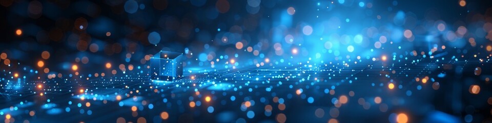 A blue backdrop featuring 3d cubes in a technology concept background with glowing lights. 