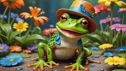 Wall Mural - a frog with a hat on sitting in a garden