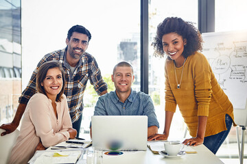 Poster - Meeting, portrait and creative planning on laptop with web design project or teamwork chat. People, research and brainstorming website with happiness, support and coworking collaboration in office