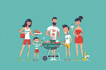 A vibrant cartoon 2D illustration of a family having a barbecue, with a grill, food, and cheerful characters, isolated on a solid light blue background, capturing the fun of outdoor cooking.