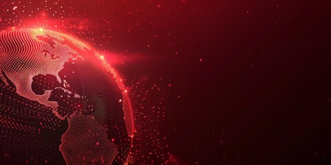 Wall Mural - Red background with a red gradient and light effects A planet earth made of dots in the style of a technology theme Generative AI