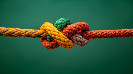 two ropes of different colors tied into a knot, concept of infinity and connection, connect partnership together teamwork unity communicate support, rope team concept  cooperation