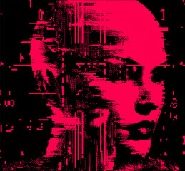 Aufkleber - Glitched distorted red 3D human face on a dark background. Conceptual vector illustration on the topic of face recognition and biometrics in virtual reality.