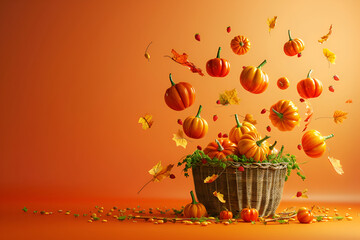 Wall Mural - Pumpkins and autumn vegetables falling from wooden rattan basket on orange background 3D Rendering, 3D Illustration