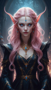 High detailed portrait illustration of a female elf sorcerer with glowing blue eyes wearing a dark robe