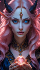 Wall Mural - High detailed portrait illustration of a female elf sorcerer with glowing blue eyes wearing a dark robe